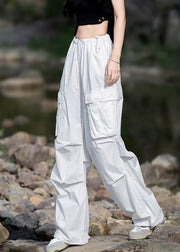 Modern White Pockets Elastic Waist Drawstring Cotton Pants Fall