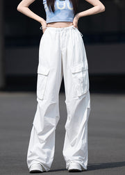 Modern White Pockets Elastic Waist Drawstring Cotton Pants Fall