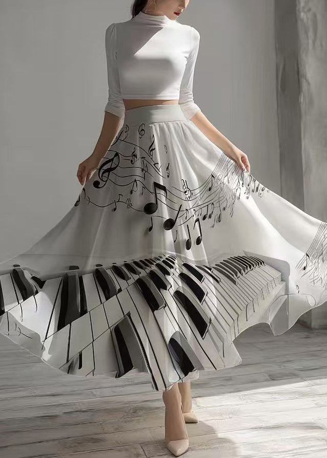 Modern White Print Draping Chiffon Skirts Exra Large Hem Summer
