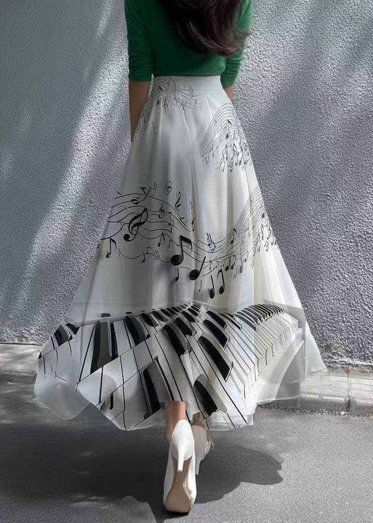 Modern White Print Draping Chiffon Skirts Exra Large Hem Summer