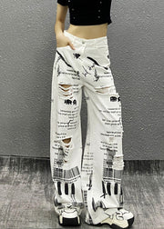 Modern White Print Hole High Waist Denim Wide Leg Pants Summer