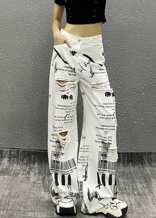 Modern White Print Hole High Waist Denim Wide Leg Pants Summer