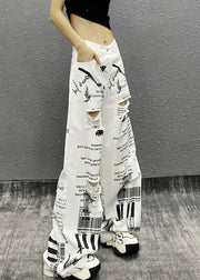 Modern White Print Hole High Waist Denim Wide Leg Pants Summer