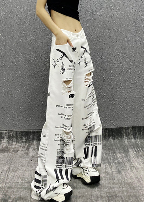 Modern White Print Hole High Waist Denim Wide Leg Pants Summer