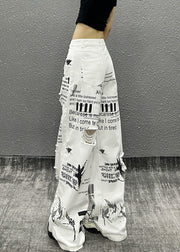 Modern White Print Hole High Waist Denim Wide Leg Pants Summer