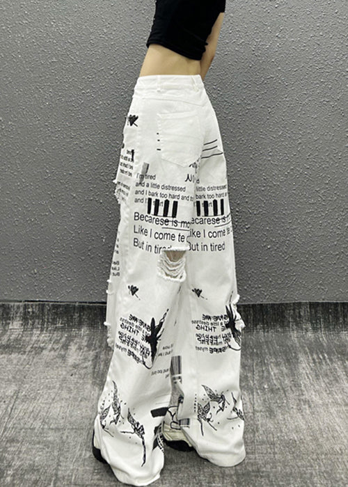 Modern White Print Hole High Waist Denim Wide Leg Pants Summer