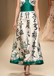 Modern White Print Patchwork Silk Ankle Dress Sleeveless