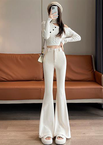 Modern White Silm Fit Cotton Bell-bottom Trousers Spring