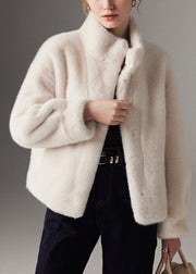 Modern White Stand Collar Mink Velvet Coat Winter