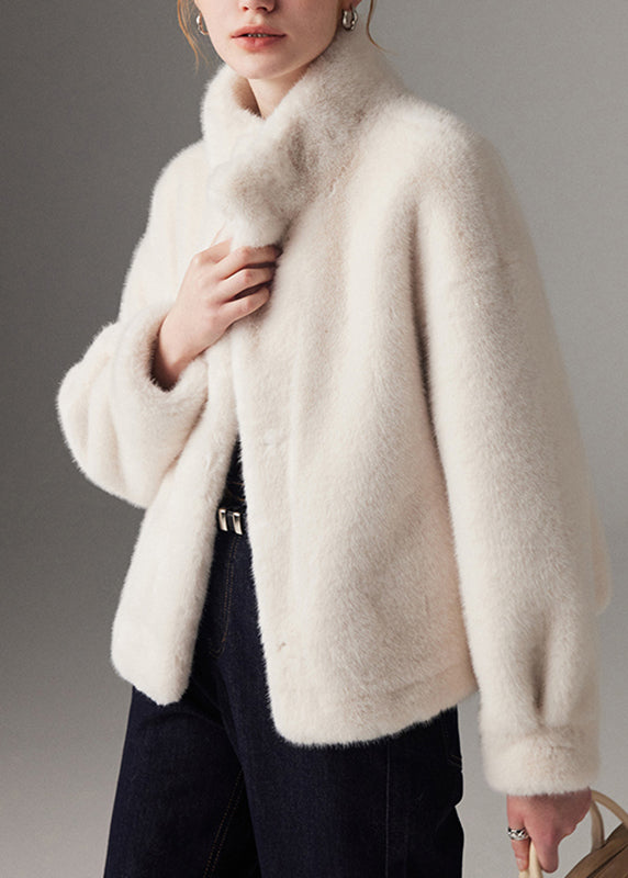 Modern White Stand Collar Mink Velvet Coat Winter