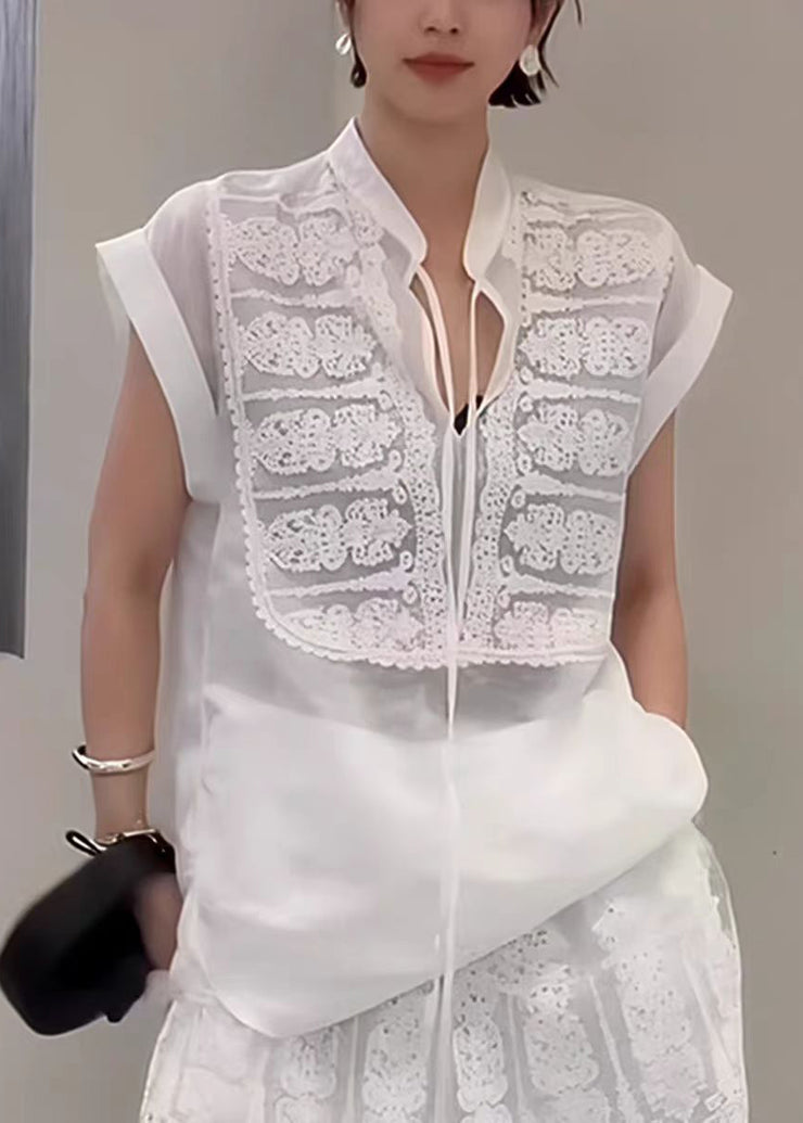 Modern White Stand Collar Patchwork Cotton Tops Summer
