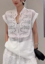 Modern White Stand Collar Patchwork Cotton Tops Summer