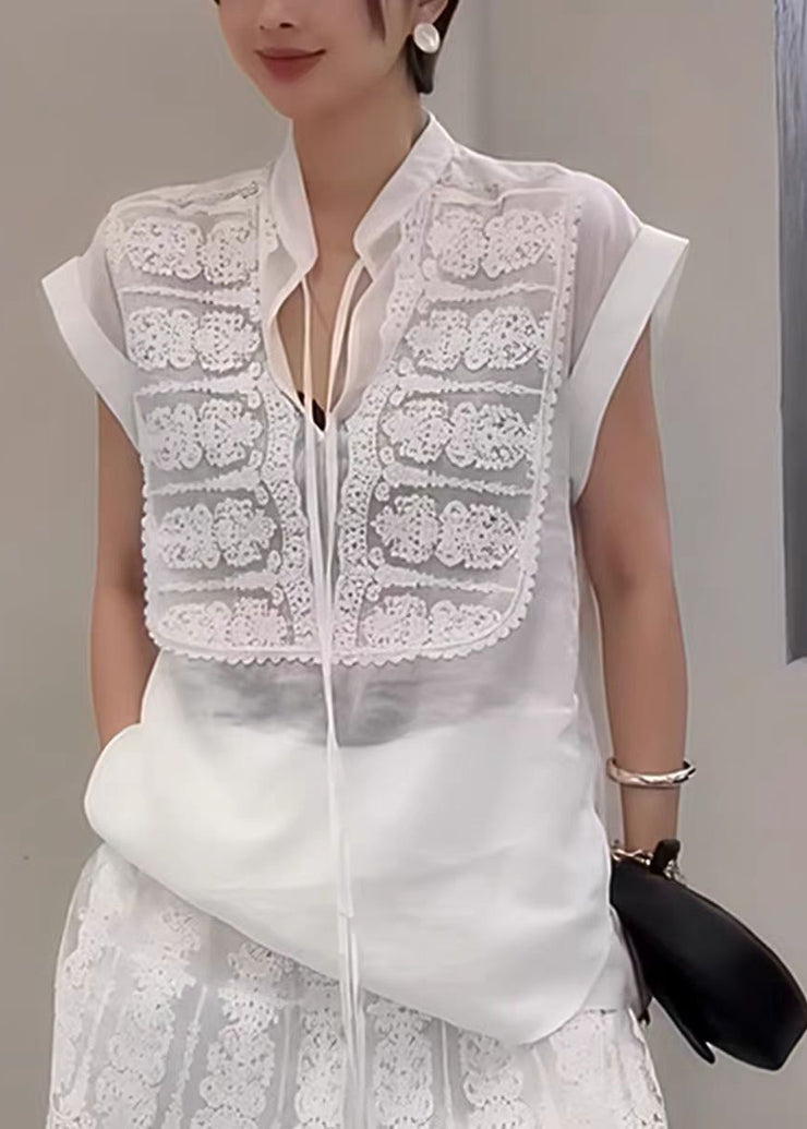 Modern White Stand Collar Patchwork Cotton Tops Summer