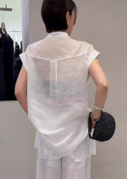 Modern White Stand Collar Patchwork Cotton Tops Summer