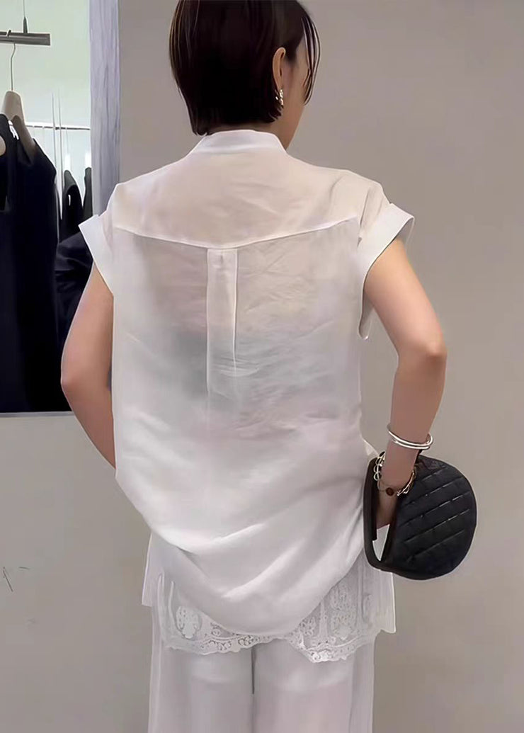 Modern White Stand Collar Patchwork Cotton Tops Summer