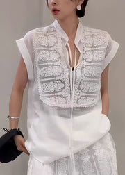 Modern White Stand Collar Patchwork Cotton Tops Summer