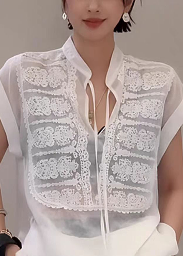 Modern White Stand Collar Patchwork Cotton Tops Summer