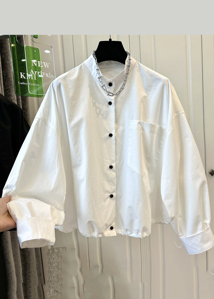 Modern White Stand Collar Pockets Drawstring Cotton Jackets Fall