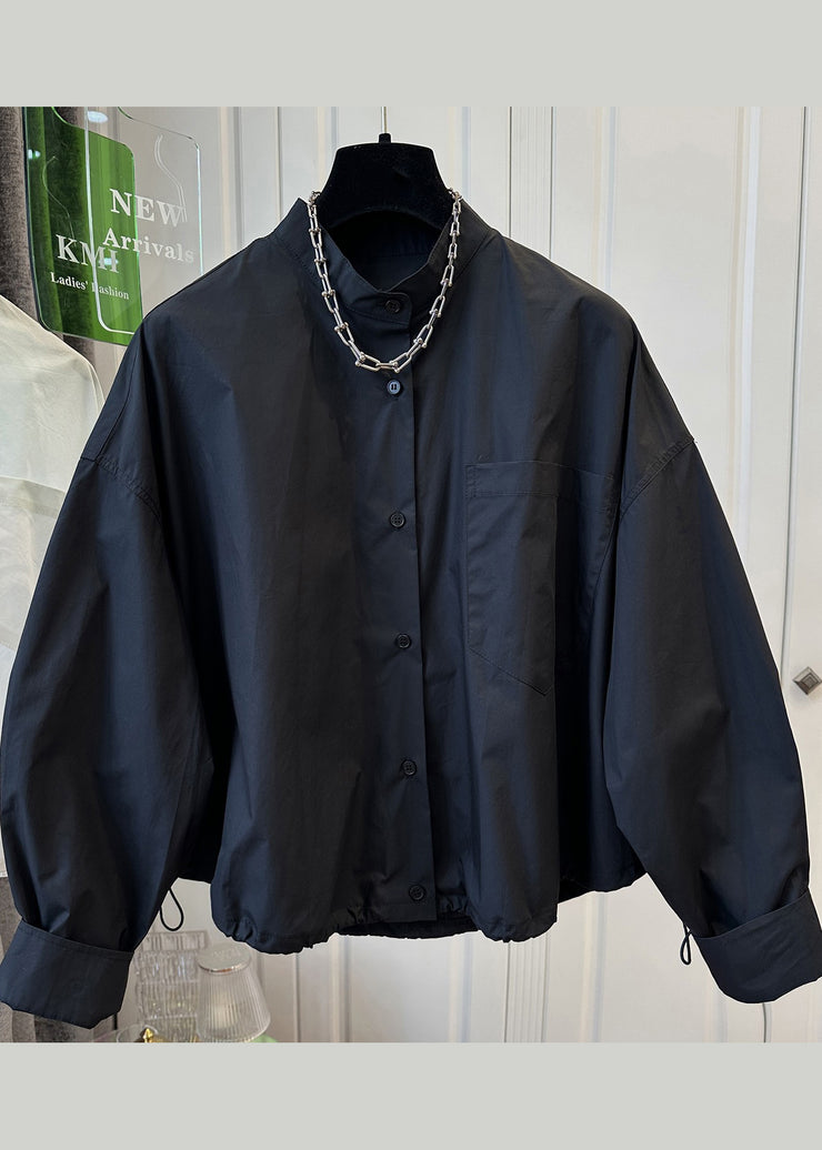 Modern White Stand Collar Pockets Drawstring Cotton Jackets Fall