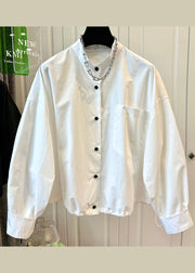 Modern White Stand Collar Pockets Drawstring Cotton Jackets Fall
