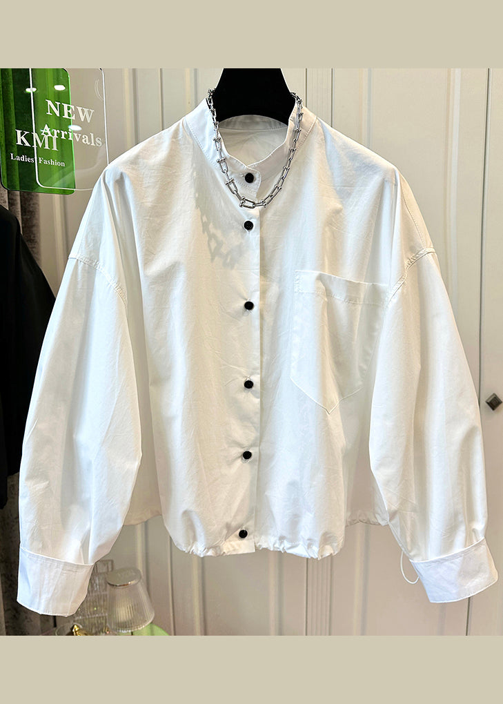 Modern White Stand Collar Pockets Drawstring Cotton Jackets Fall