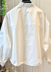 Modern White Stand Collar Pockets Drawstring Cotton Jackets Fall
