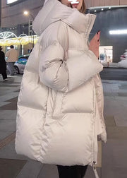 Modern White Stand Collar Pockets Thick Hooded Down Coat Winter