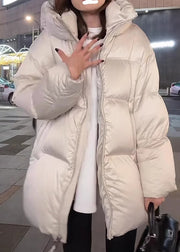 Modern White Stand Collar Pockets Thick Hooded Down Coat Winter