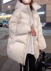 Modern White Stand Collar Pockets Thick Hooded Down Coat Winter