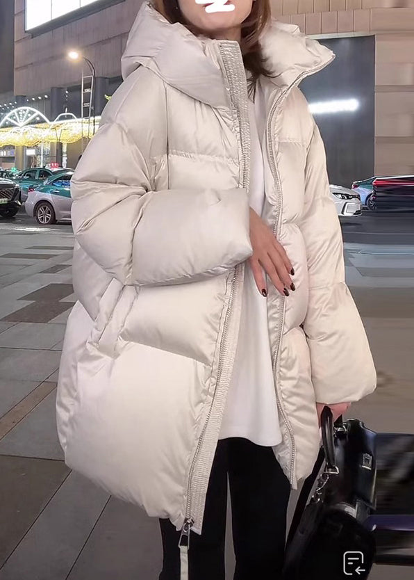 Modern White Stand Collar Pockets Thick Hooded Down Coat Winter