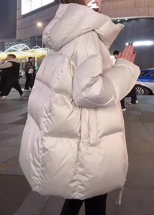 Modern White Stand Collar Pockets Thick Hooded Down Coat Winter