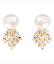 Modern White Sterling Silver Overgild Jade Zircon Stud Earrings