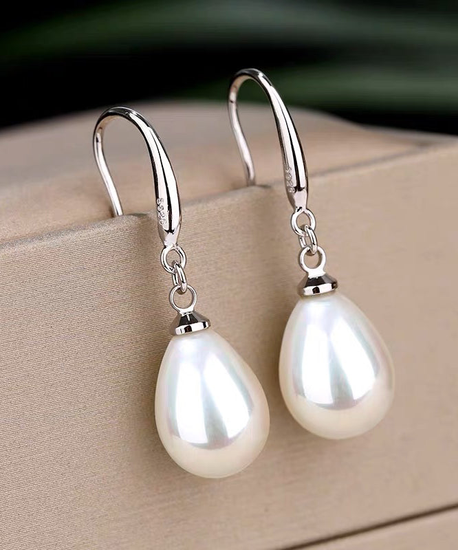 Modern White Sterling Silver Zircon Pearl Water Droplet Drop Earrings