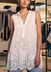 Modern White V Neck Patchwork Cotton Shirt Tops Sleeveless