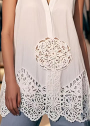 Modern White V Neck Patchwork Cotton Shirt Tops Sleeveless