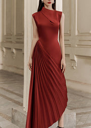 Modern Wine Red Asymmetrical Design Fine Silk Pleated Cocktail Dress