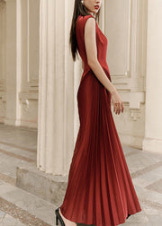 Modern Wine Red Asymmetrical Design Fine Silk Pleated Cocktail Dress