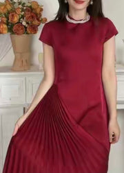 Modern Wine Red Asymmetrical Design Fine Silk Pleated Cocktail Dress