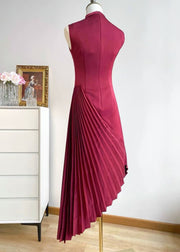 Modern Wine Red Asymmetrical Design Fine Silk Pleated Cocktail Dress