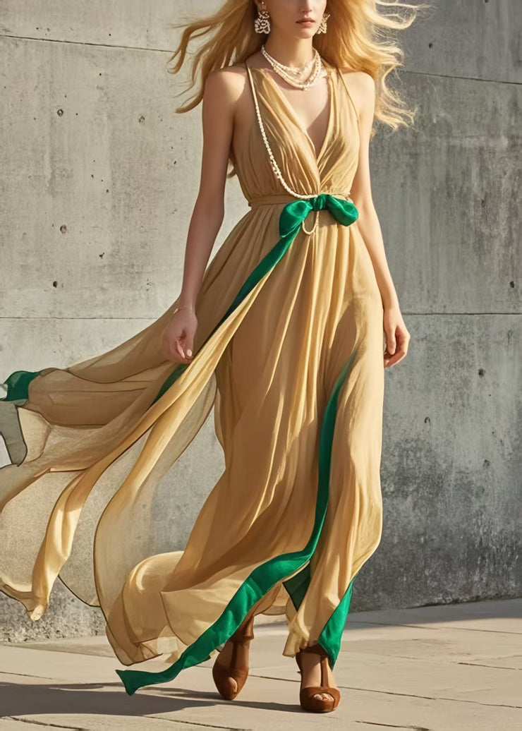 Modern Yellow Exra Large Hem Patchwork Chiffon Halter Dress Summer