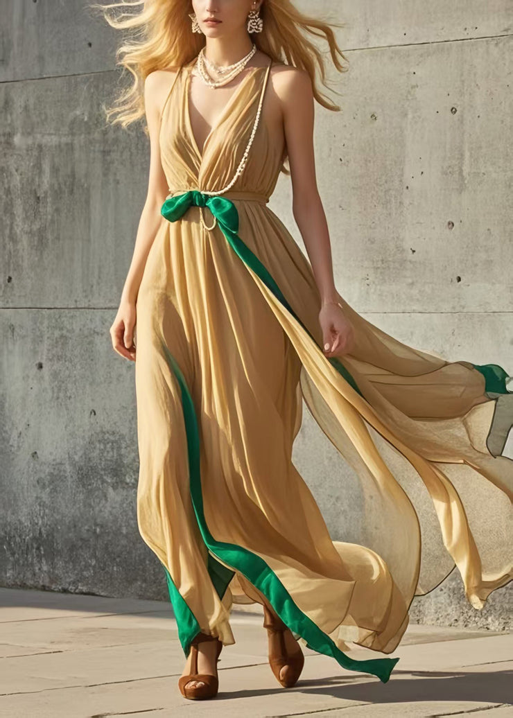 Modern Yellow Exra Large Hem Patchwork Chiffon Halter Dress Summer