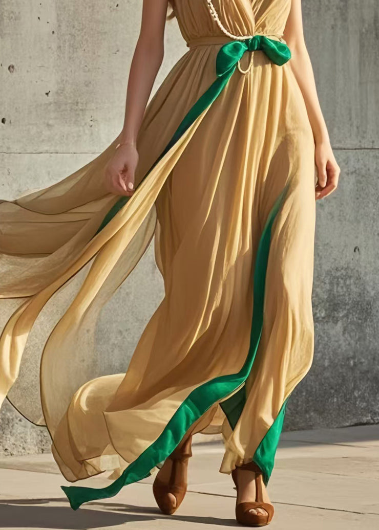 Modern Yellow Exra Large Hem Patchwork Chiffon Halter Dress Summer