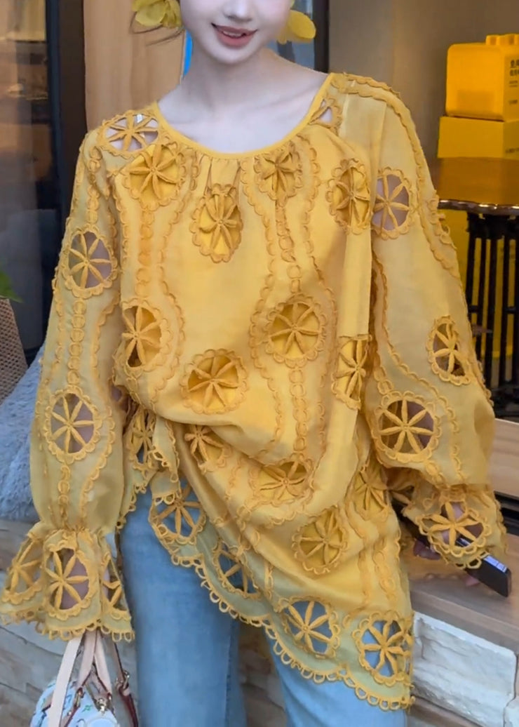 Modern Yellow Hollow Out Cotton Blouse Top Fall
