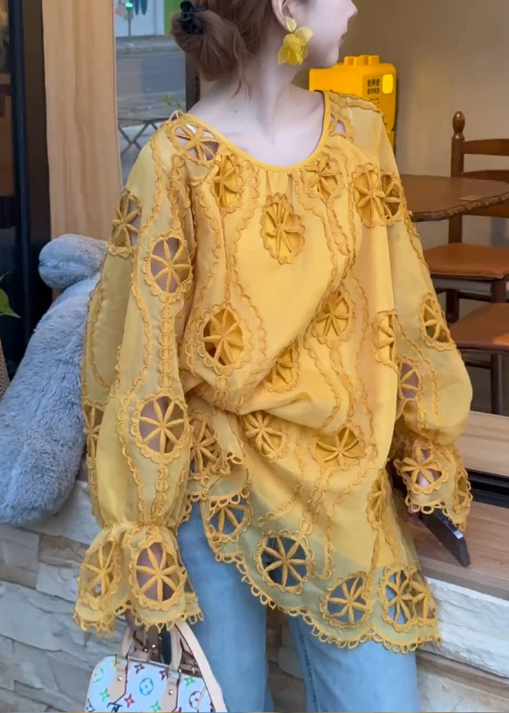 Modern Yellow Hollow Out Cotton Blouse Top Fall