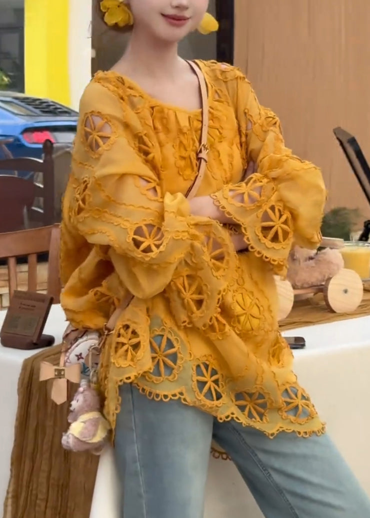 Modern Yellow Hollow Out Cotton Blouse Top Fall