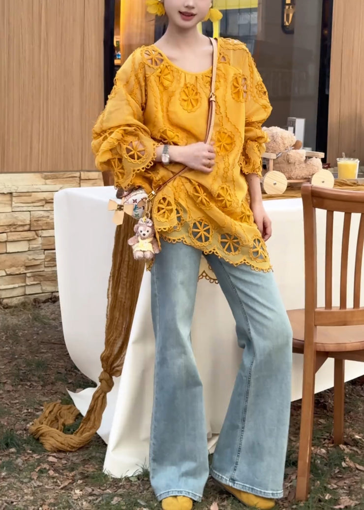 Modern Yellow Hollow Out Cotton Blouse Top Fall