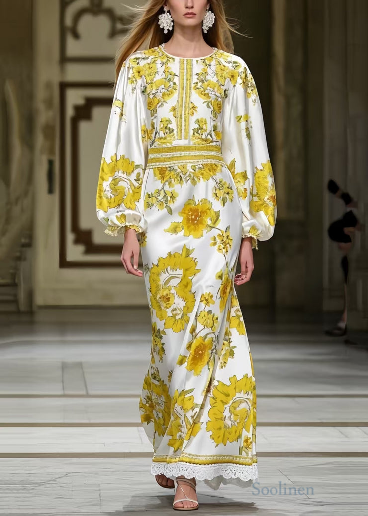 Modern Yellow Print Silm Fit Silk Holiday Dresses Spring