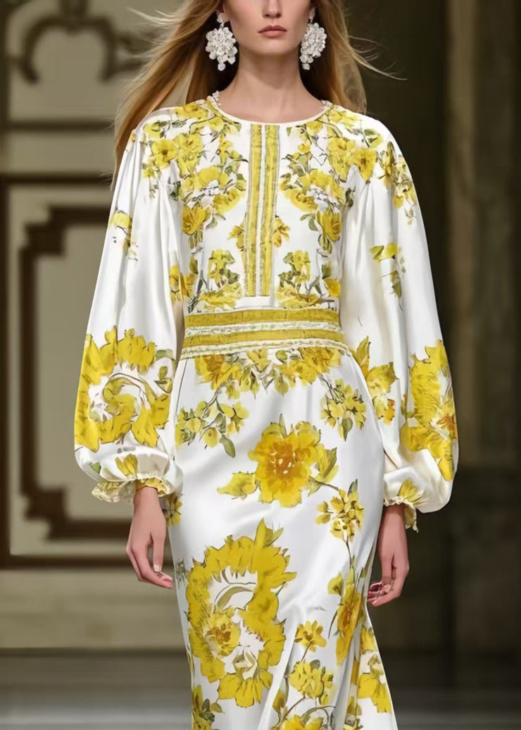 Modern Yellow Print Silm Fit Silk Holiday Dresses Spring