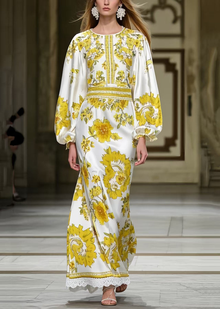 Modern Yellow Print Silm Fit Silk Holiday Dresses Spring