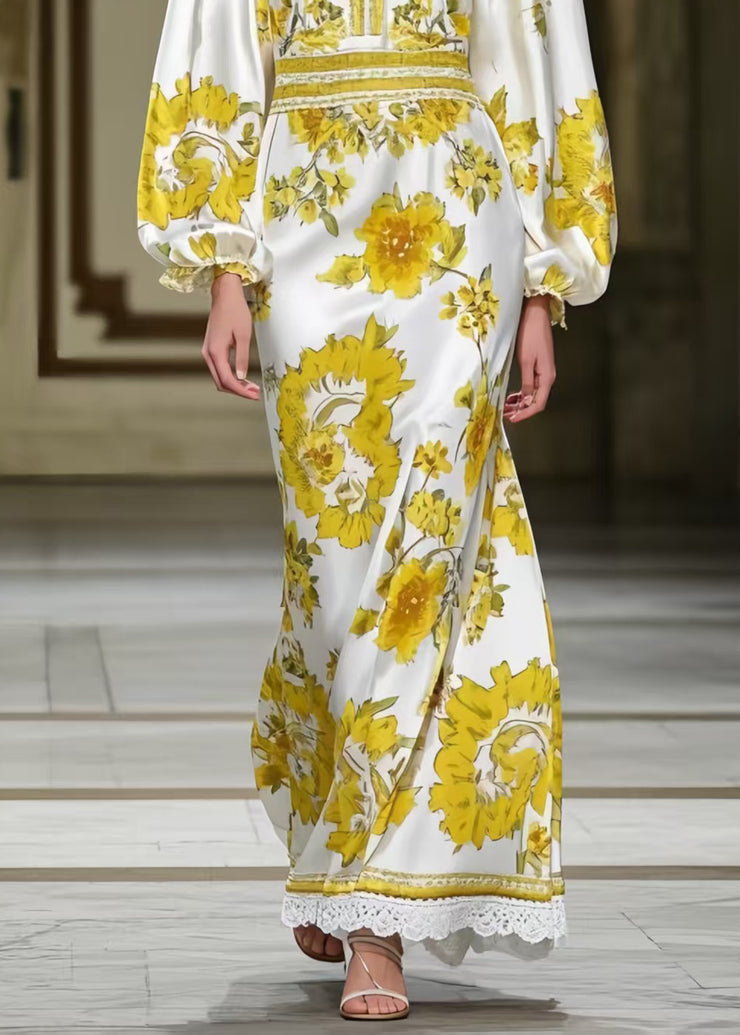 Modern Yellow Print Silm Fit Silk Holiday Dresses Spring